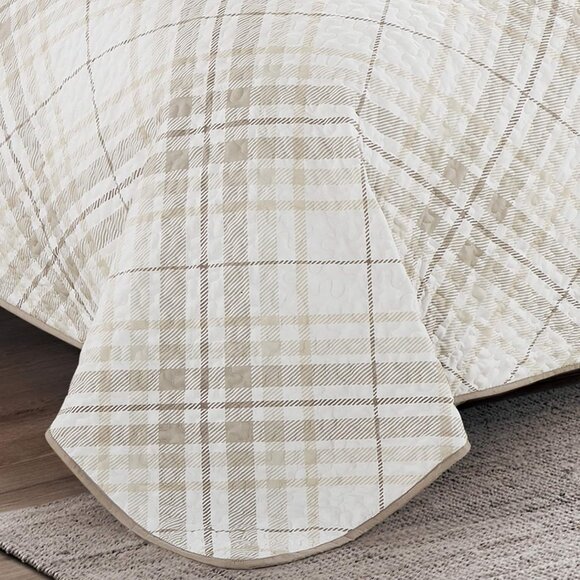 New 3 PC Beige Taupe Brown Plaid Reversible Quilt Set • KING Size - Picture 7 of 7